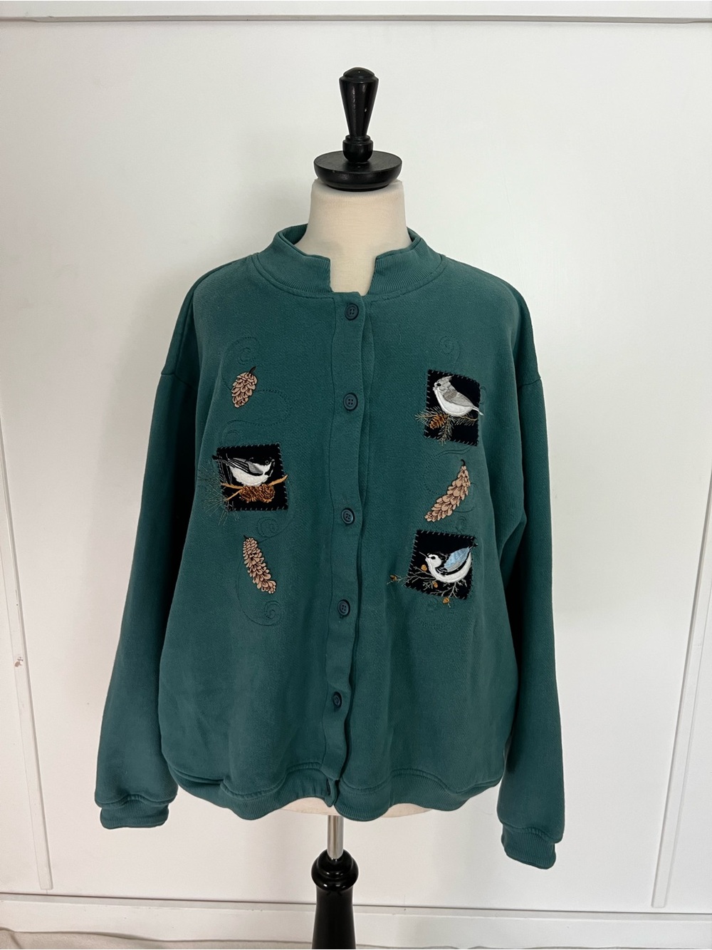 Women's Teal Embroidered Button-Front Cardigan Sweater